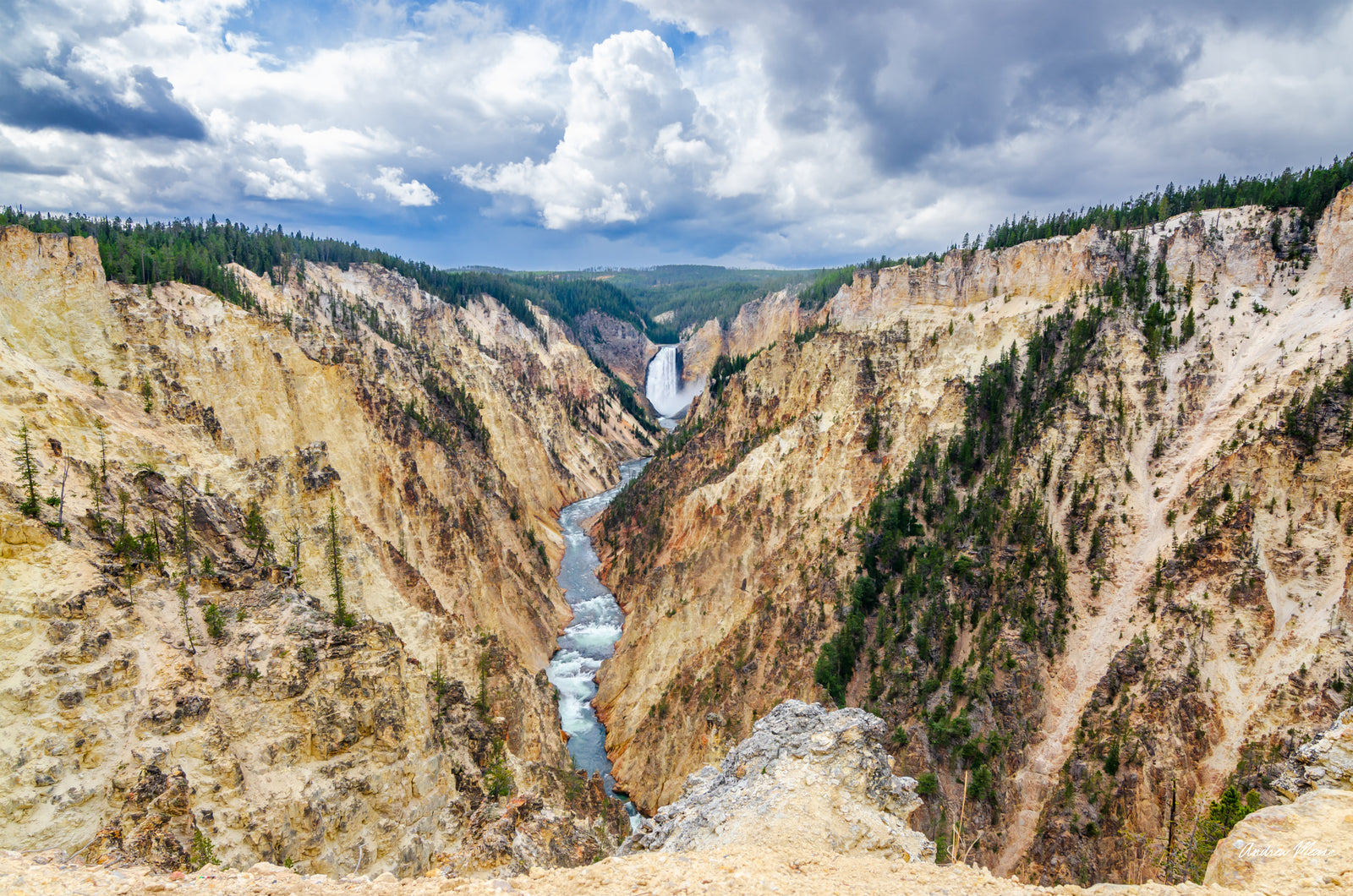 Fine art print of the Yellowstone River on a cloudy day creating a moody scene in Yellowstone National Park – landscape photography by Andrew Mease